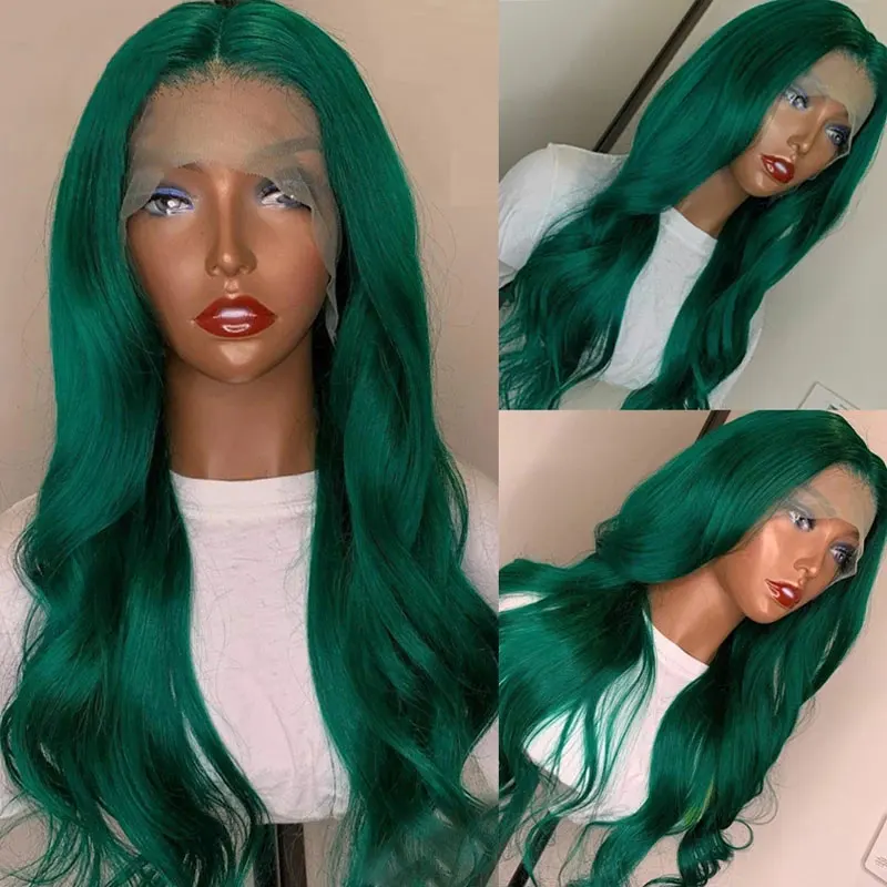 Bombshell Темно-зеленый цвет Натуральная волна Синтетические 13X4 Кружевные передние парики Бесклеевые высококачественные термостойкие волосы для женщин Изображение 0