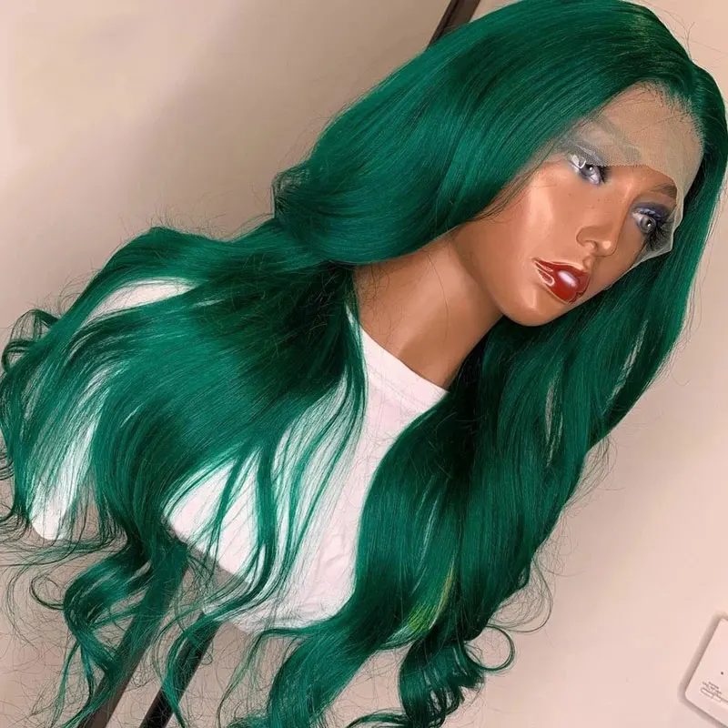 Bombshell Темно-зеленый цвет Натуральная волна Синтетические 13X4 Кружевные передние парики Бесклеевые высококачественные термостойкие волосы для женщин Изображение 1
