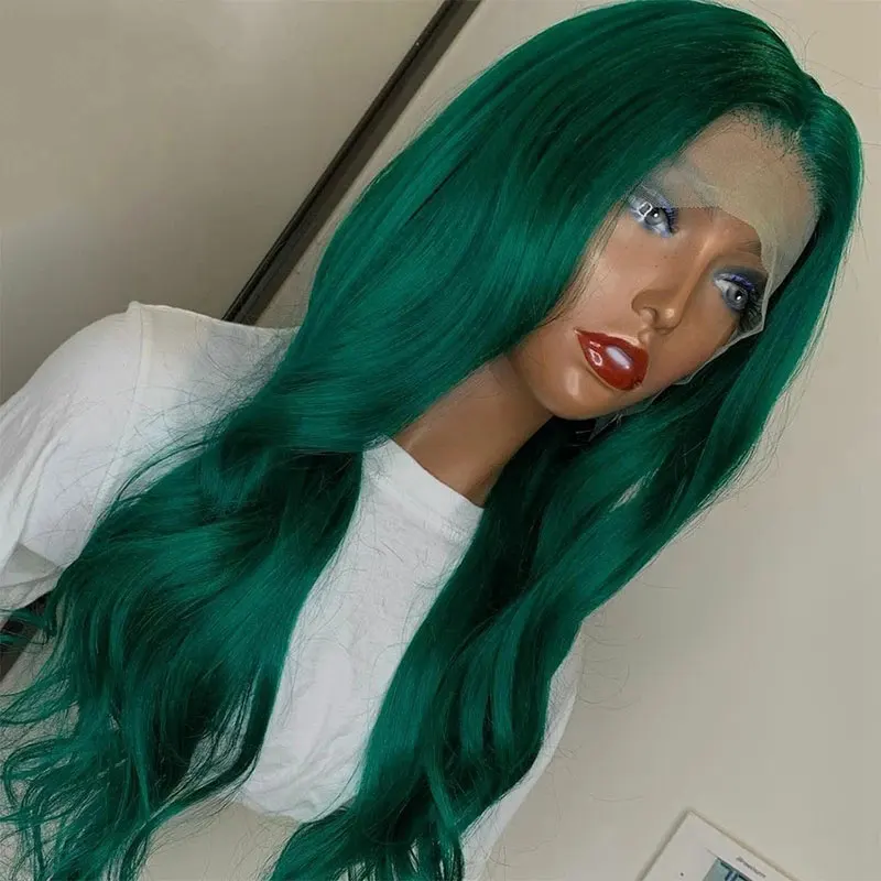 Bombshell Темно-зеленый цвет Натуральная волна Синтетические 13X4 Кружевные передние парики Бесклеевые высококачественные термостойкие волосы для женщин Изображение 2