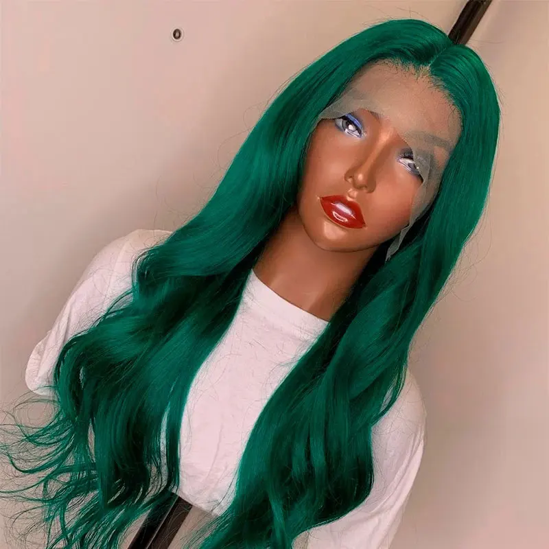 Bombshell Темно-зеленый цвет Натуральная волна Синтетические 13X4 Кружевные передние парики Бесклеевые высококачественные термостойкие волосы для женщин Изображение 3