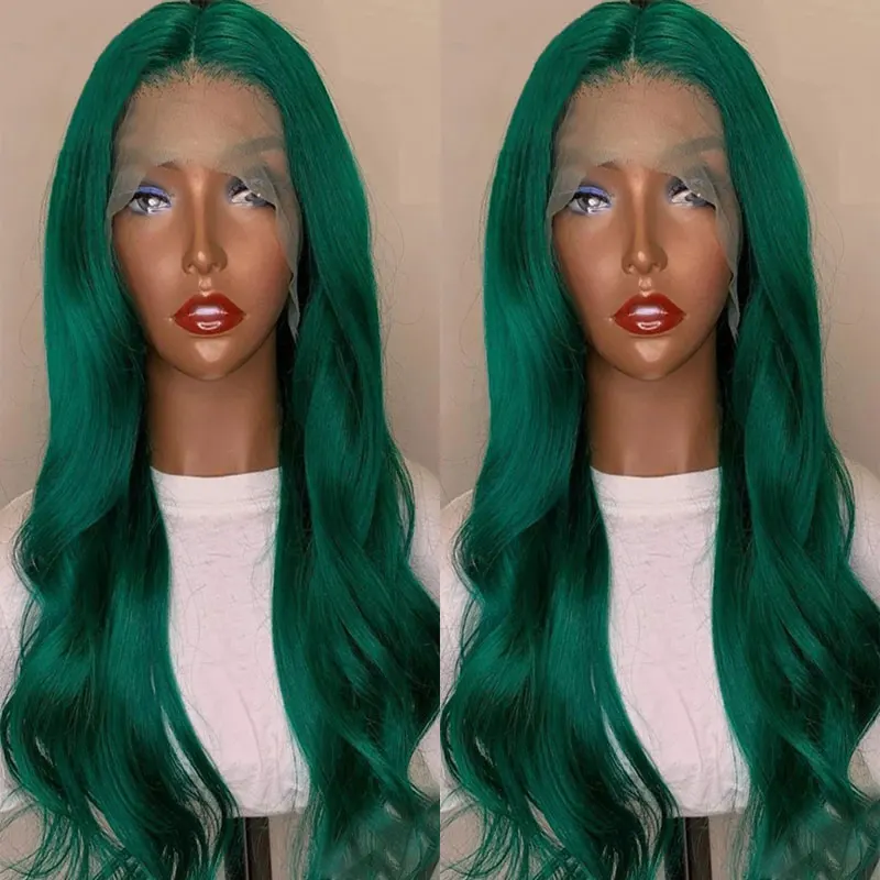 Bombshell Темно-зеленый цвет Натуральная волна Синтетические 13X4 Кружевные передние парики Бесклеевые высококачественные термостойкие волосы для женщин Изображение 4