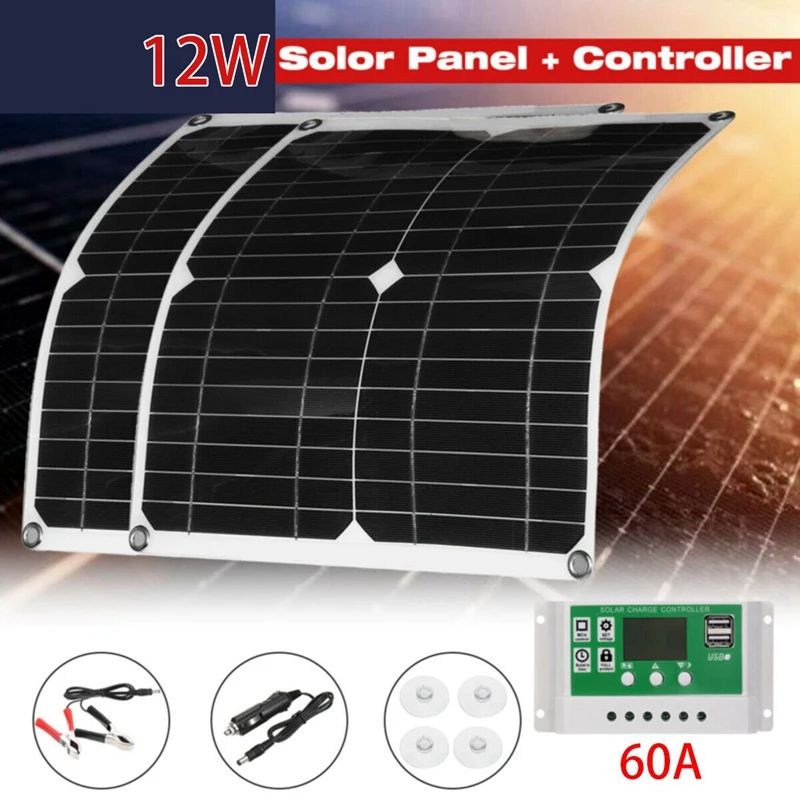 2X 12 Вт Солнечная панель Комплект 60 А 12 В Зарядное устройство с контроллером Караван Лодка Изображение 2