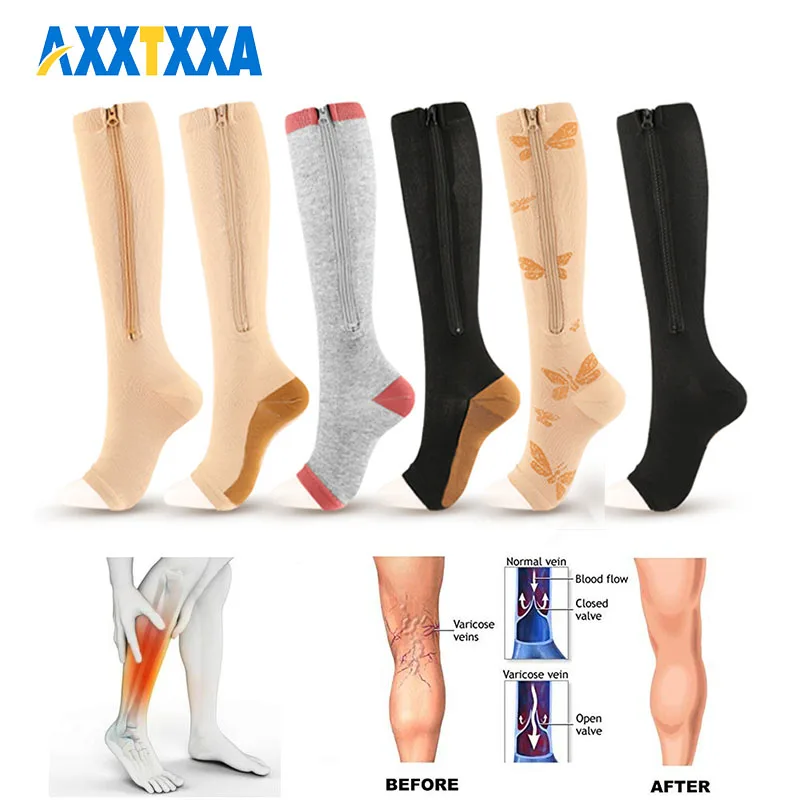 1 пара компрессионных носков на молнии, компрессионные носки до колена 15-20 мм рт.ст. для мужчин и женщин,носки для поддержки близкого пальца ног при варикозном расширении вен Изображение 0