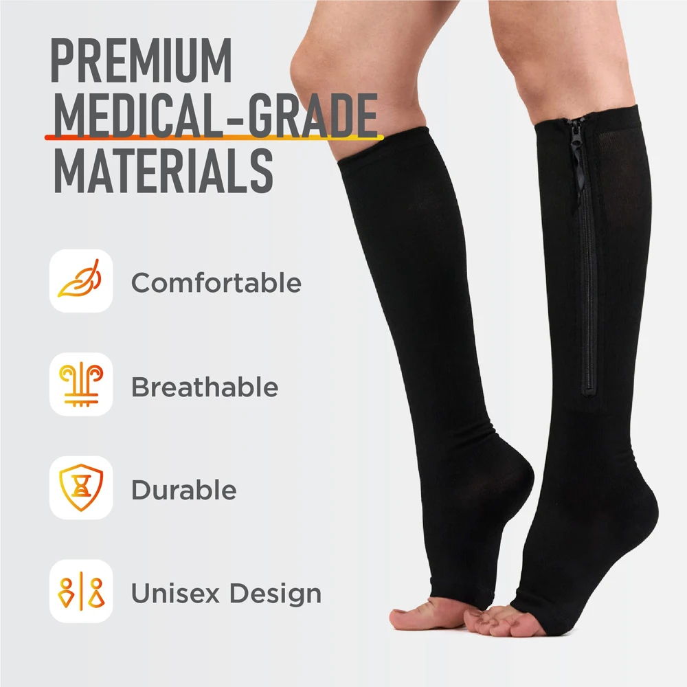 1 пара компрессионных носков на молнии, компрессионные носки до колена 15-20 мм рт.ст. для мужчин и женщин,носки для поддержки близкого пальца ног при варикозном расширении вен Изображение 1