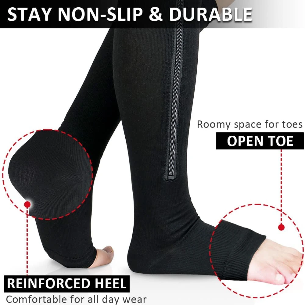 1 пара компрессионных носков на молнии, компрессионные носки до колена 15-20 мм рт.ст. для мужчин и женщин,носки для поддержки близкого пальца ног при варикозном расширении вен Изображение 3