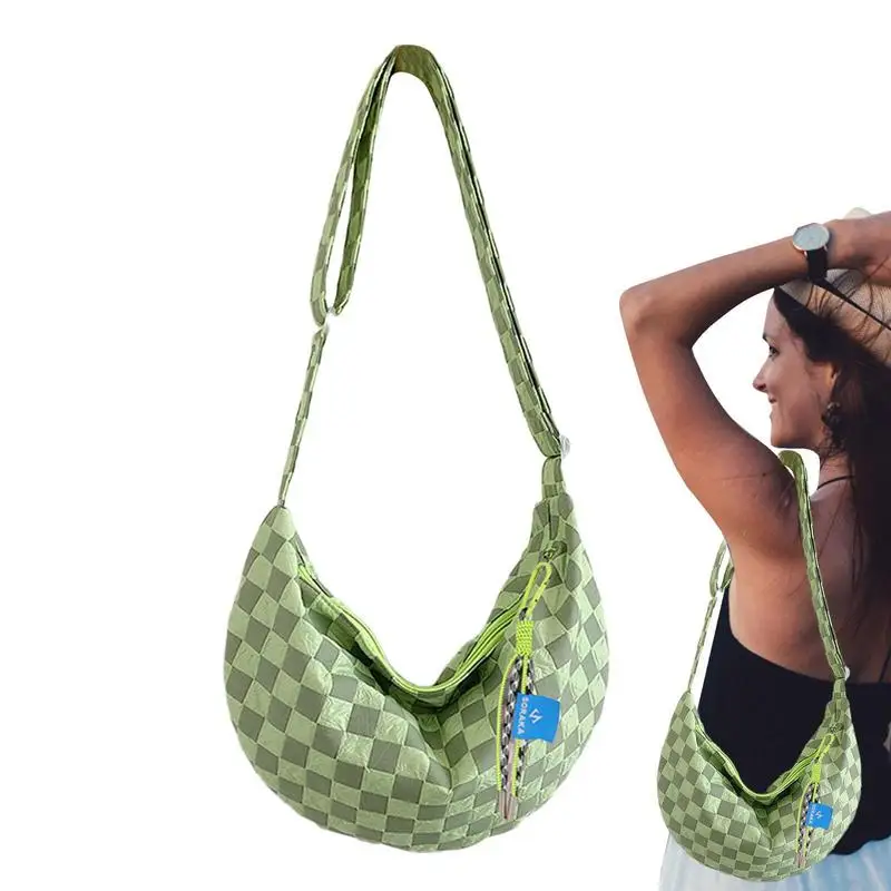 Plaid Crescent Сумка Женская сумка через плечо на молнии с легкой нейлоновой сумкой через плечо в форме полумесяца Повседневная сумка полумесяца Изображение 0