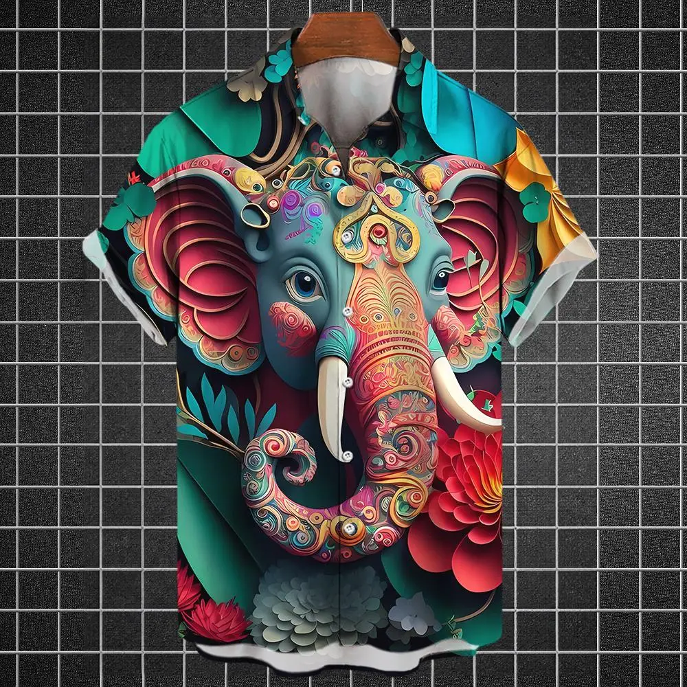 2024 Животное Слон Ежедневно 3d Гавайская рубашка Мужская летняя мужская рубашка Модная рубашка Уличная пуговица Топы с короткими рукавами Мужская одежда Изображение 1