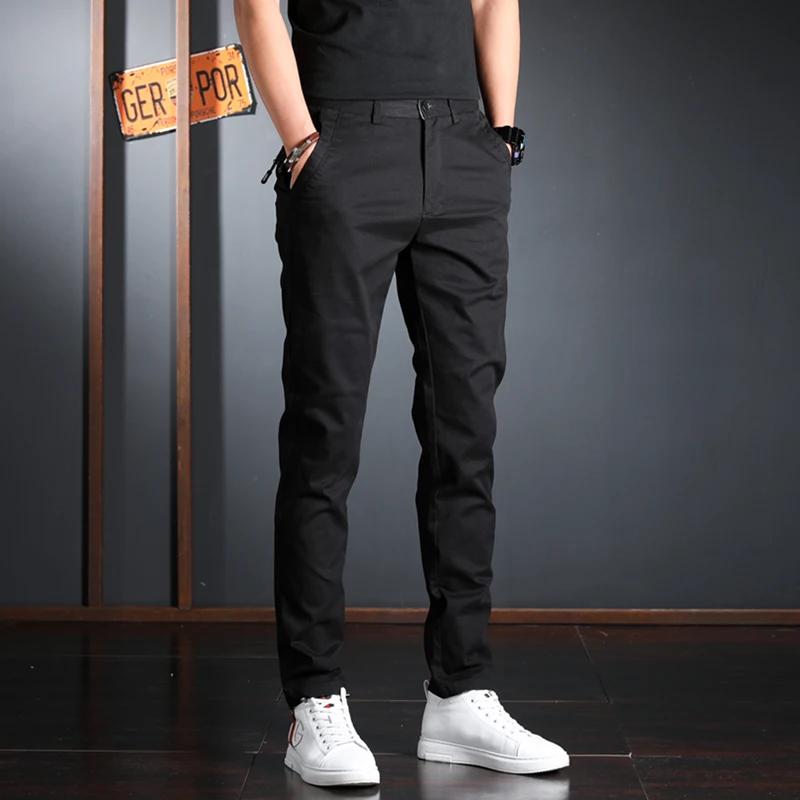 Летние мужские черные повседневные брюки Хлопок приталенного кроя в корейском стиле Изображение 0