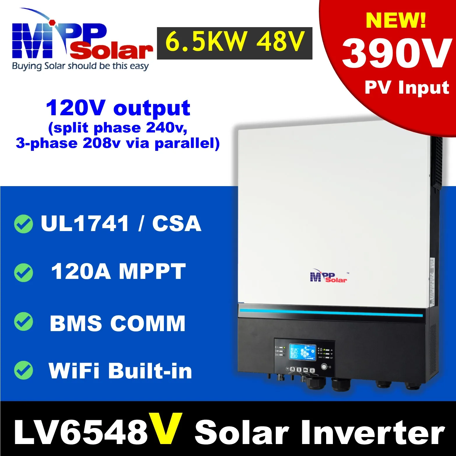 LV6548V 6500 Вт 390 В PV mppсолнечный инвертор чистой синусоиды 120 В 48 В UL1741 WiFi Dual 120A MPPT солнечное зарядное устройство Возможность разделения фазы Изображение 1