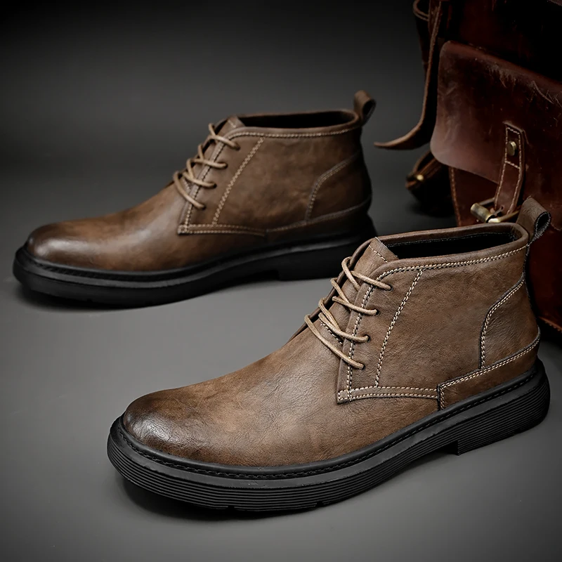 Мужские кожаные водонепроницаемые ботильоны чукка на шнуровке оксфордские классические сапоги повседневная деловая повседневная обувь для мужчин Изображение 2